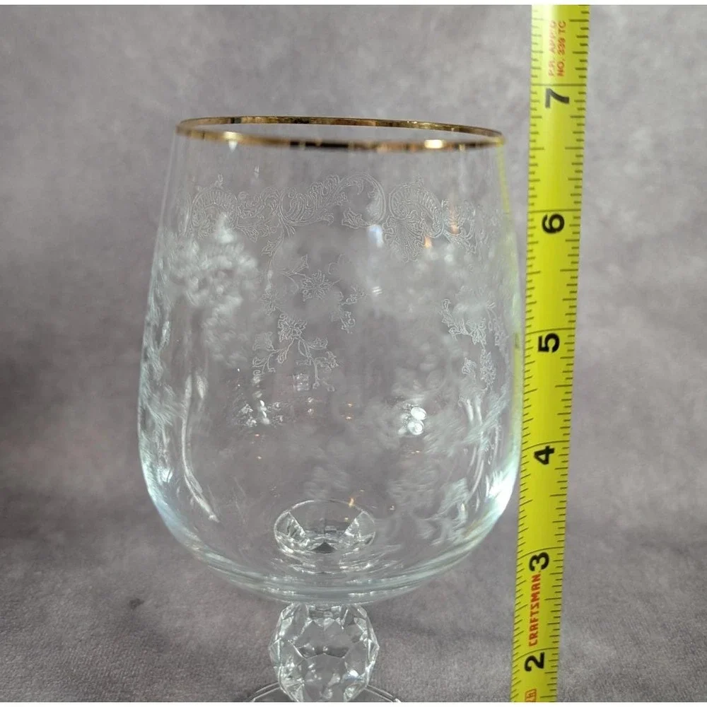 Vintage Bohemia Queen's Lace Crystal Etched Wine/Water Goblets w/Gold Trim set 3